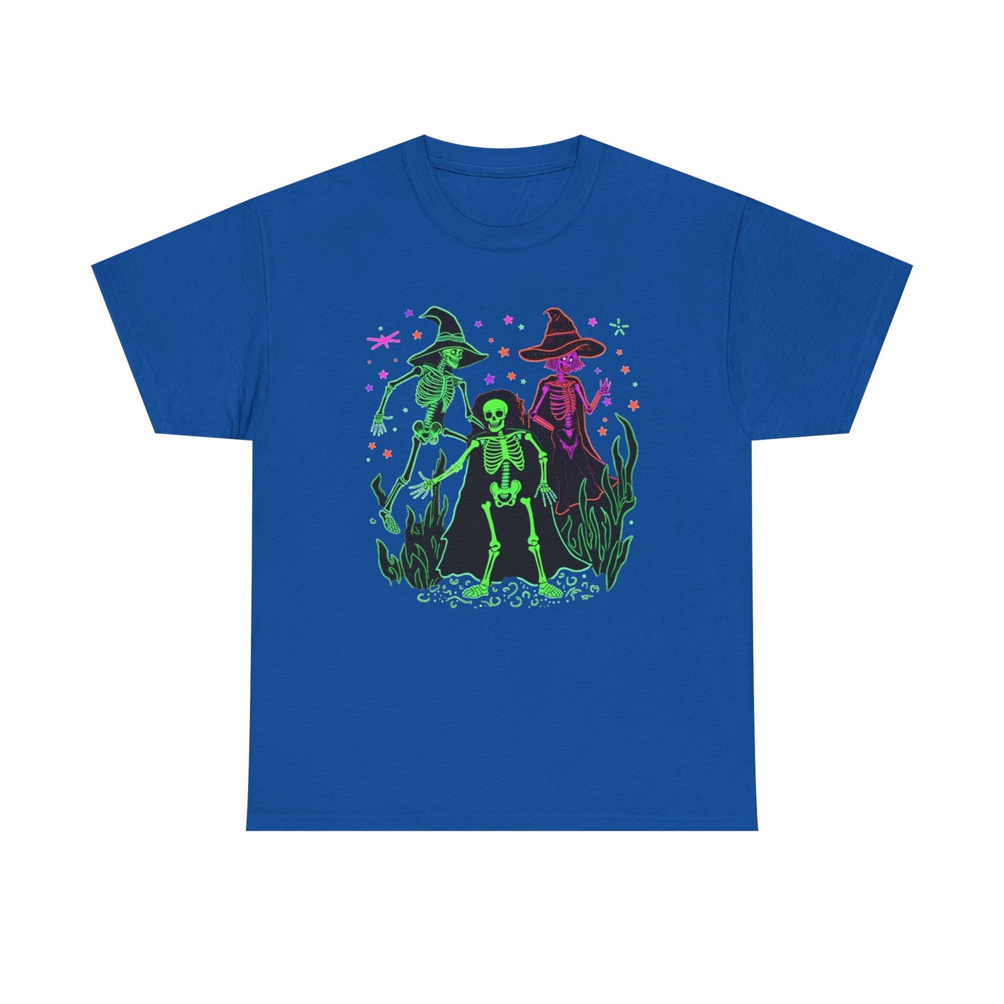 Halloween Neon Witches & Skeleton Tee — Retro Spooky Graphic T-Shirt