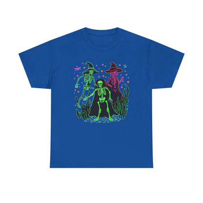 Halloween Neon Witches & Skeleton Tee — Retro Spooky Graphic T-Shirt