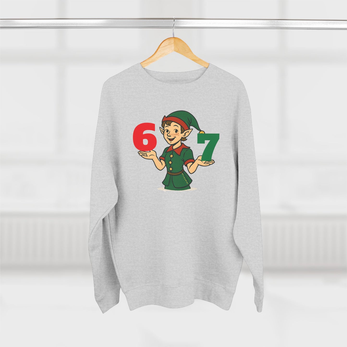 Elf Juggler six-seven  — Cute Holiday Elf Holding 6 & 7 Christmas Crewneck