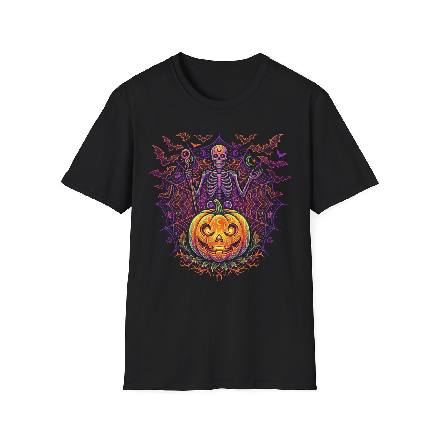 Skeleton Sorcerer Halloween T-Shirt — Jack-O'-Lantern & Bats Spooky Tee