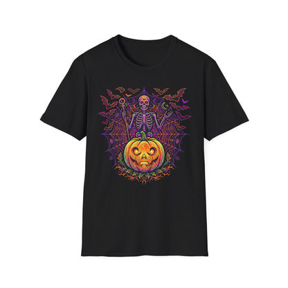 Skeleton Sorcerer Halloween T-Shirt — Jack-O'-Lantern & Bats Spooky Tee