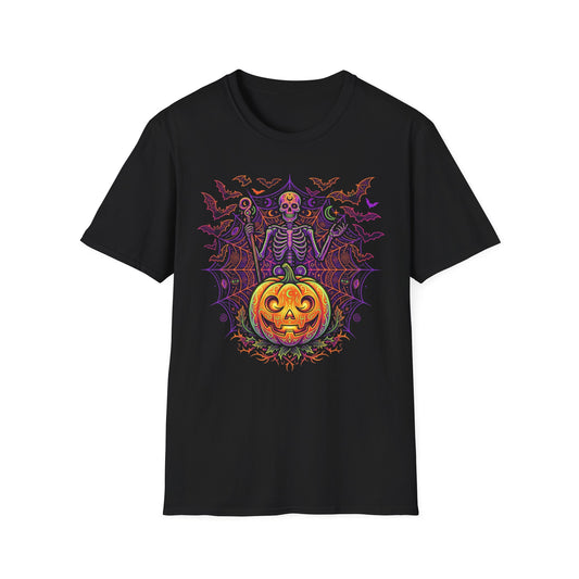 Skeleton Sorcerer Halloween T-Shirt — Jack-O'-Lantern & Bats Spooky Tee