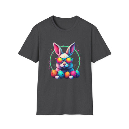 Easter Bunny Sunglasses T-Shirt — Colorful Neon Bunny with Easter Eggs