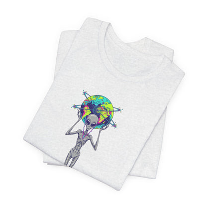 Alien Holding Earth Graphic Tee — Cosmic Sci‑Fi Alien Shirt