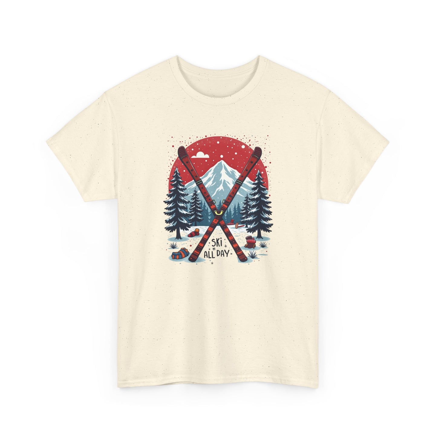 Ski All Day T-Shirt – Vintage Mountain Skis, Trees & Snow Graphic