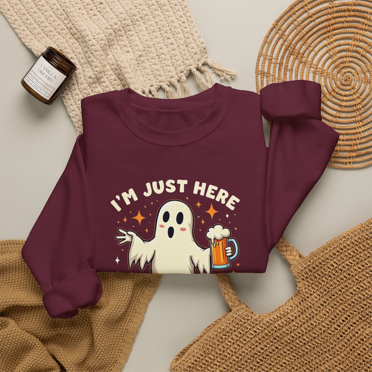 Halloween Ghost Sweatshirt — "I'm Just Here for the Boos" Cozy Crewneck