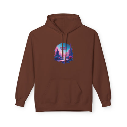 Retro Vaporwave Nature Hoodie — Neon Sunset Cityscape Graphic