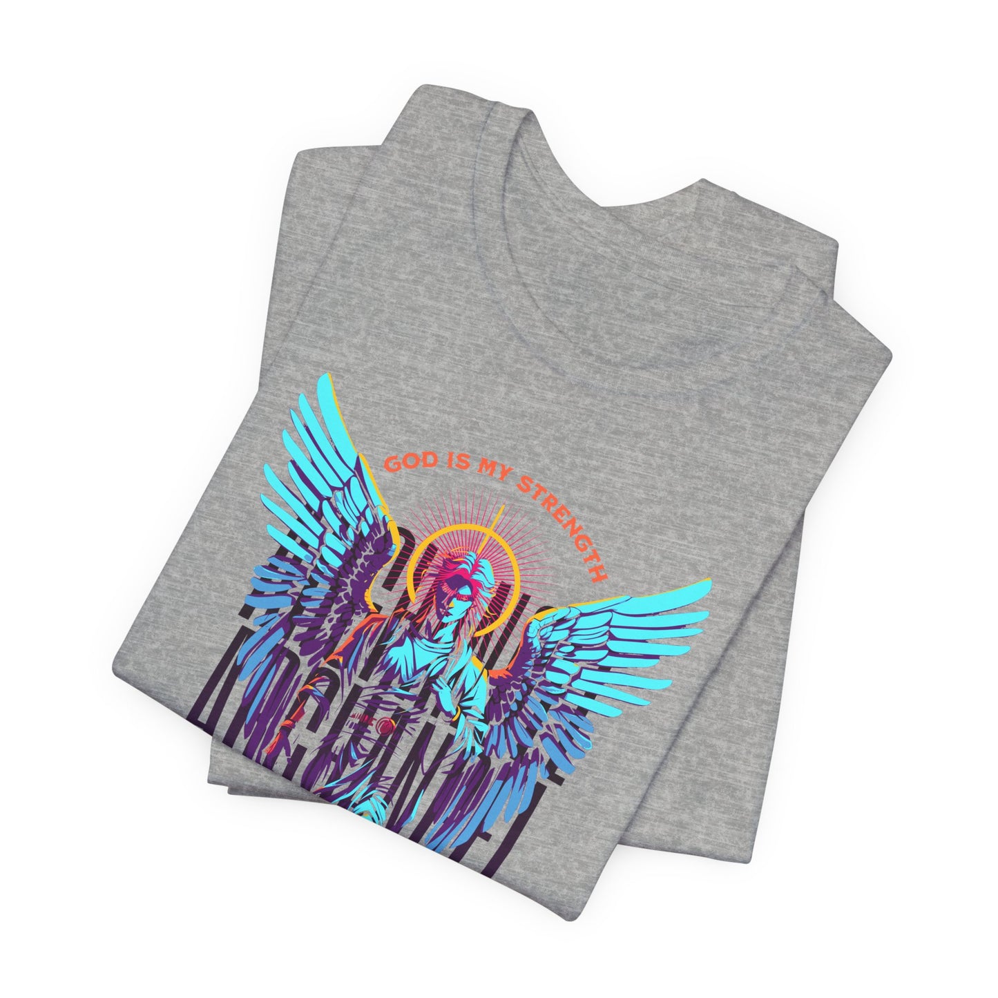 St. Gabriel Angel Tee — "God Is My Strength" Neon Graphic T-Shirt