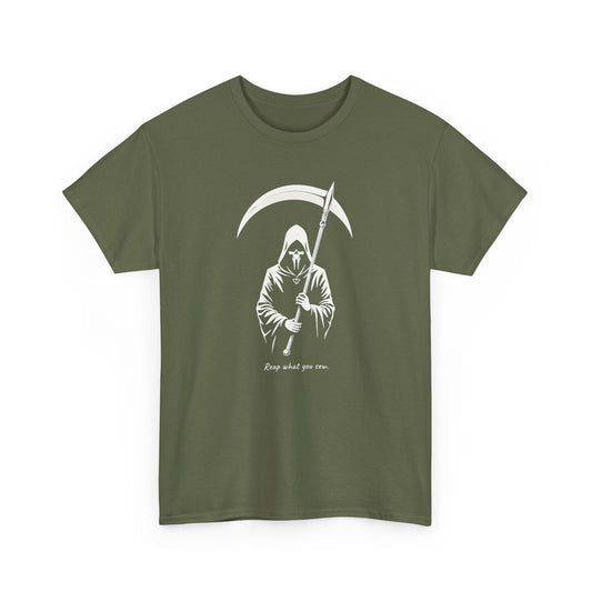Grim Reaper Scythe T-Shirt — "Reap what you sew” Goth Graphic Tee