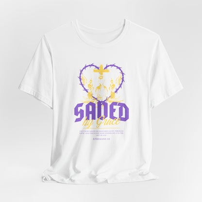 Saved by Grace T‑Shirt — Christian Faith Heart Design