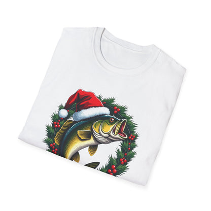 Christmas Wreath Bass Fishing T-Shirt — Santa Hat Fish Holiday Tee