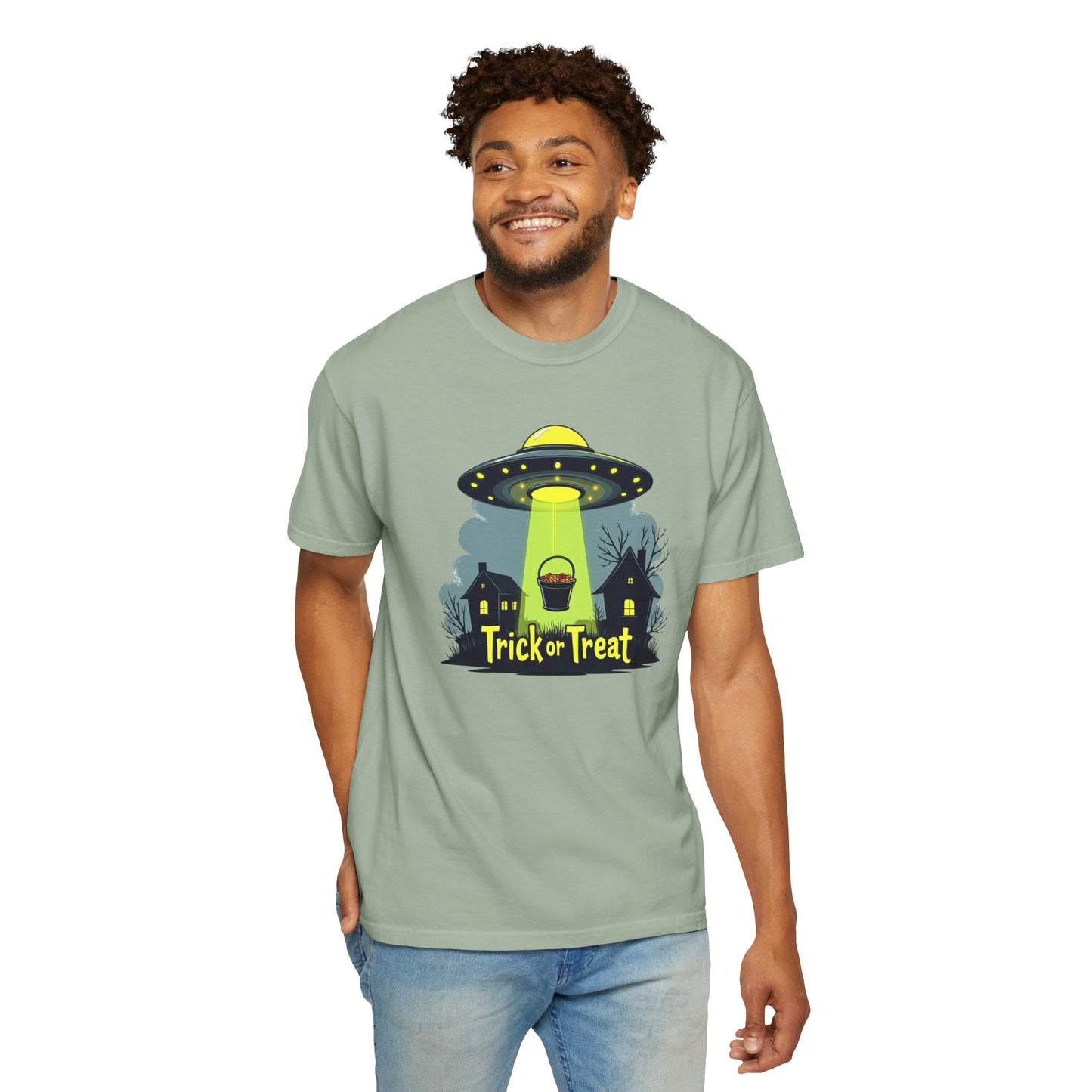 Halloween UFO Trick or Treat T-Shirt — Alien Abduction Spooky Tee
