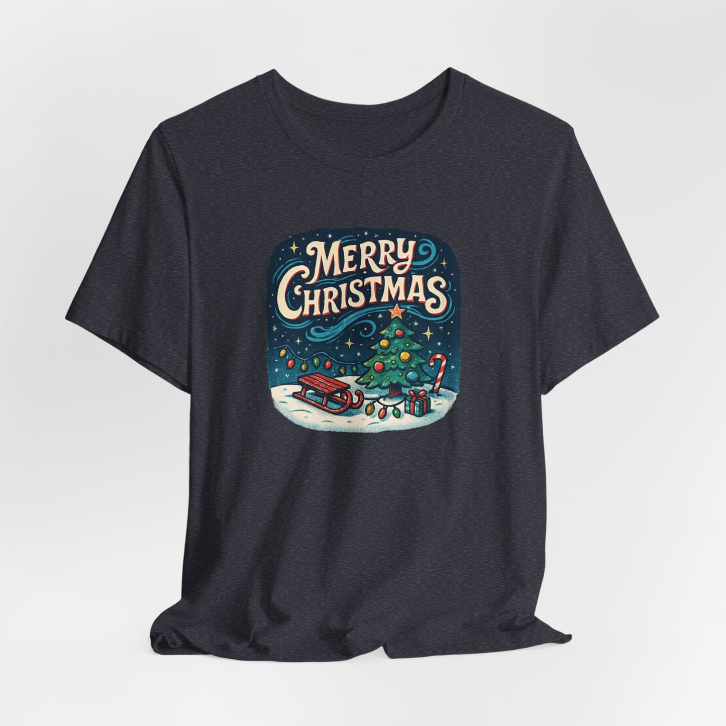 Merry Christmas Tee — Vintage Holiday Tree & Sled Graphic T-Shirt
