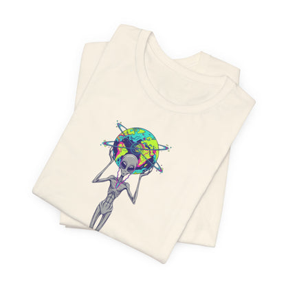Alien Holding Earth Graphic Tee — Cosmic Sci‑Fi Alien Shirt
