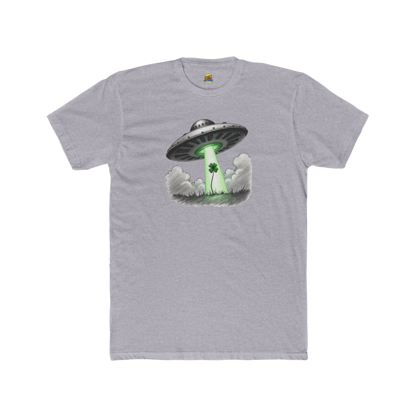 Shamrock Abduction UFO Tee — Green Beam Graphic T-Shirt