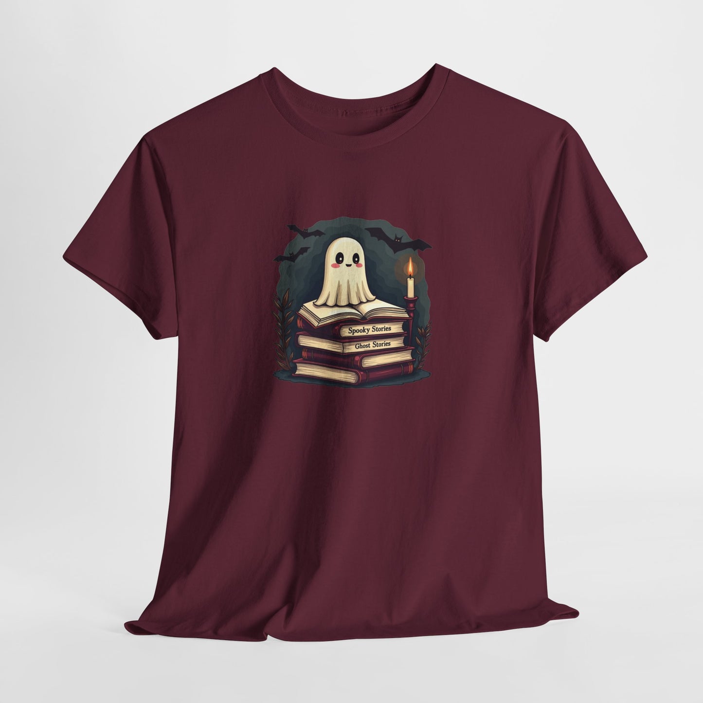 Ghost Reader T-Shirt — Cute Ghost on Stacked Books Halloween Tee