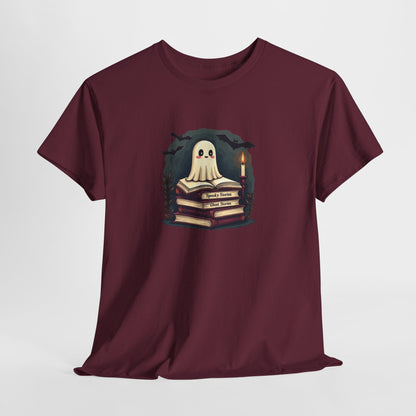 Ghost Reader T-Shirt — Cute Ghost on Stacked Books Halloween Tee
