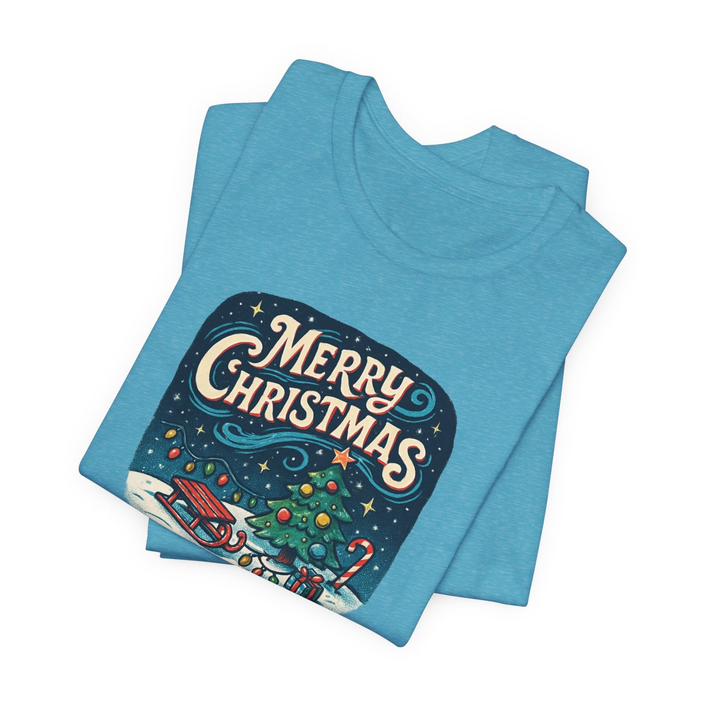 Merry Christmas Tee — Vintage Holiday Tree & Sled Graphic T-Shirt