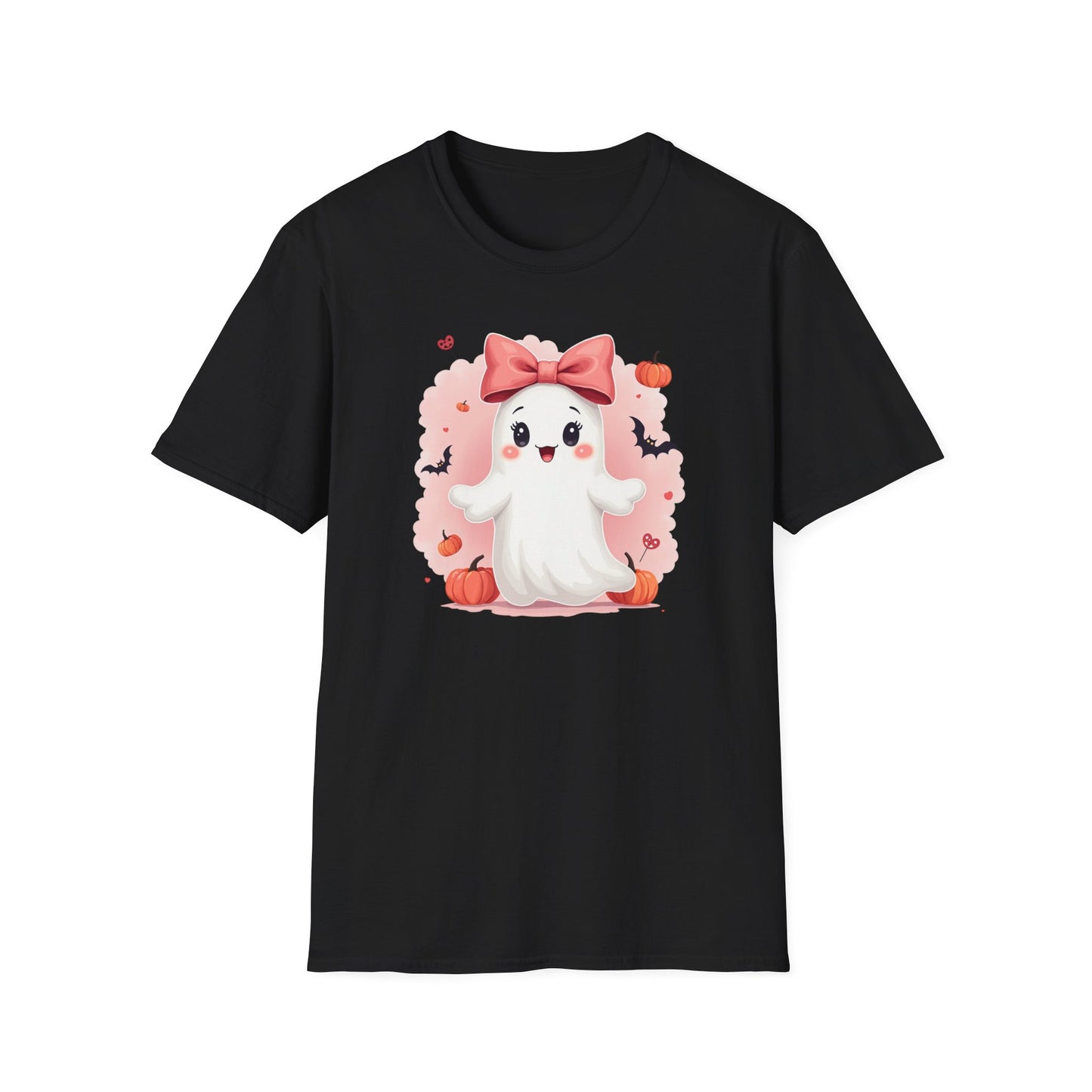 Cute Halloween Ghost T-Shirt — Pink Bow Ghost with Pumpkins & Bats