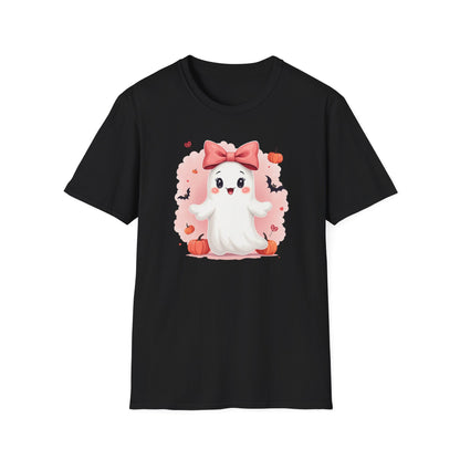 Cute Halloween Ghost T-Shirt — Pink Bow Ghost with Pumpkins & Bats