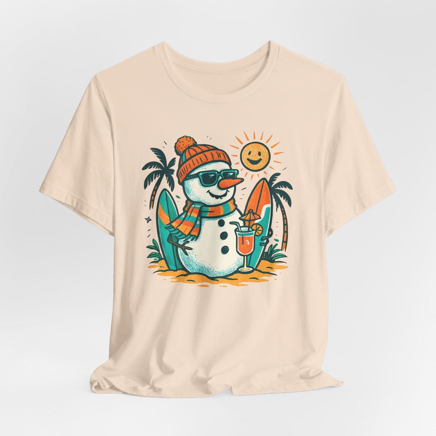 Frosty on Vacation Graphic Tee — Surfing Snowman with Drink Summer Holiday T-Shirt
