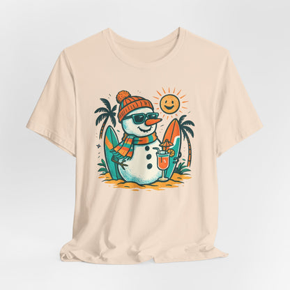 Frosty on Vacation Graphic Tee — Surfing Snowman with Drink Summer Holiday T-Shirt