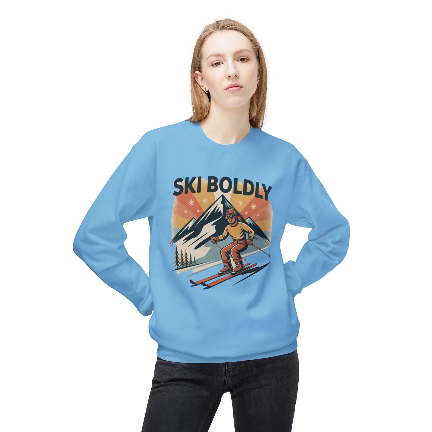 Ski Boldly Crewneck Sweatshirt – Vintage Mountain Skiing Graphic