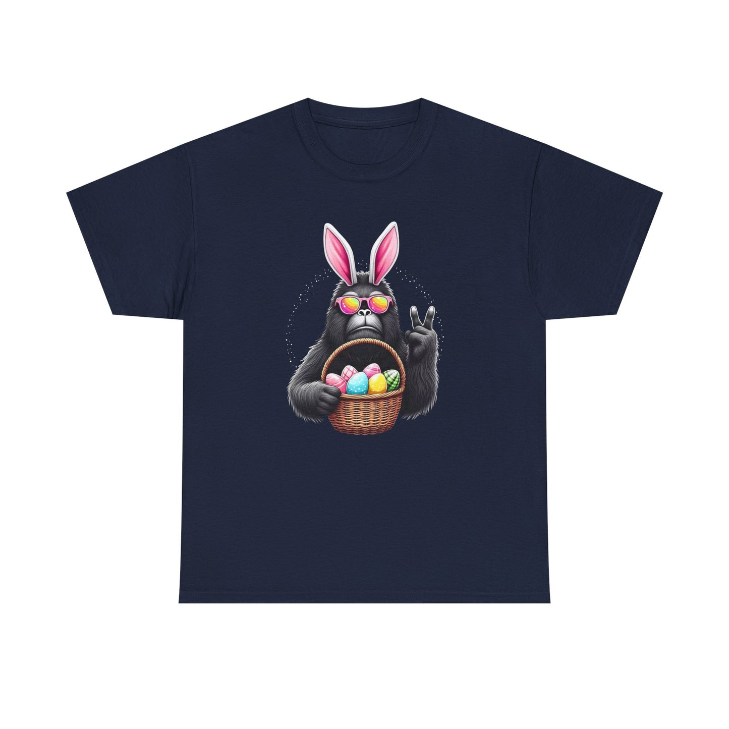 Easter Sasquatch Peace Sign T-Shirt — Cool Black Bunny with Egg Basket