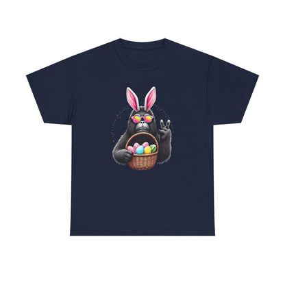 Easter Sasquatch Peace Sign T-Shirt — Cool Black Bunny with Egg Basket