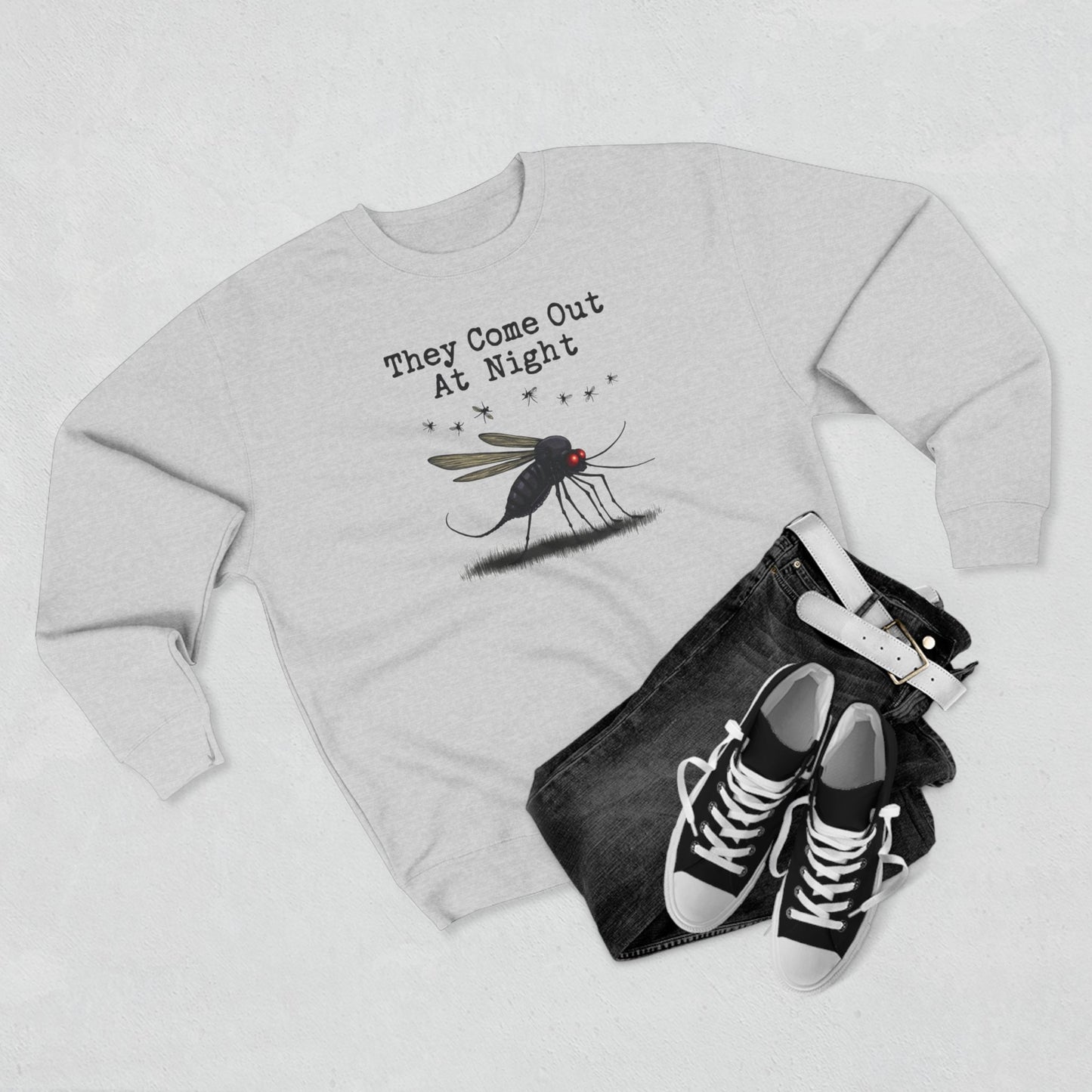 Mosquito, They come out at night, Cozy Nighttime Crewneck Sweatshirt, perfect for casual wear, gift for nature lovers, cozy evenings, Halloween, spooky season, graphic [...] - Psychonaut Swag