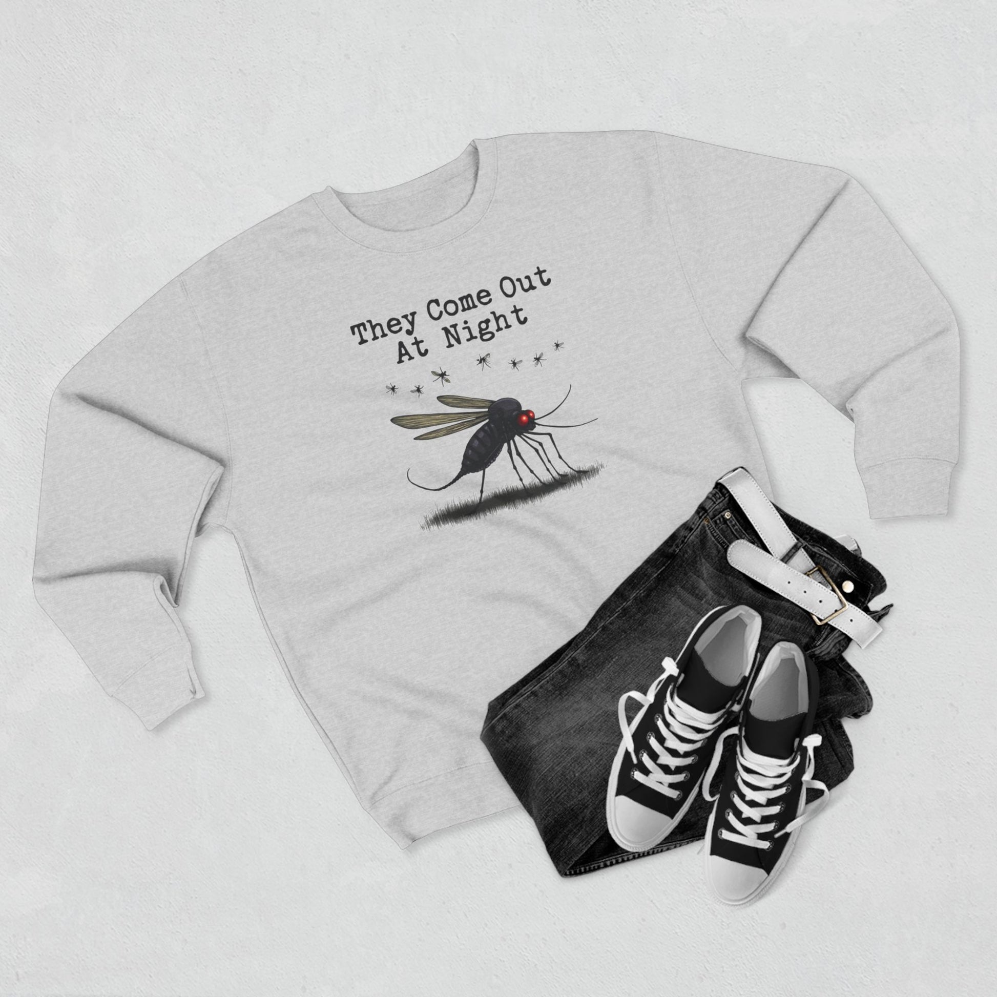Mosquito, They come out at night, Cozy Nighttime Crewneck Sweatshirt, perfect for casual wear, gift for nature lovers, cozy evenings, Halloween, spooky season, graphic [...] - Psychonaut Swag