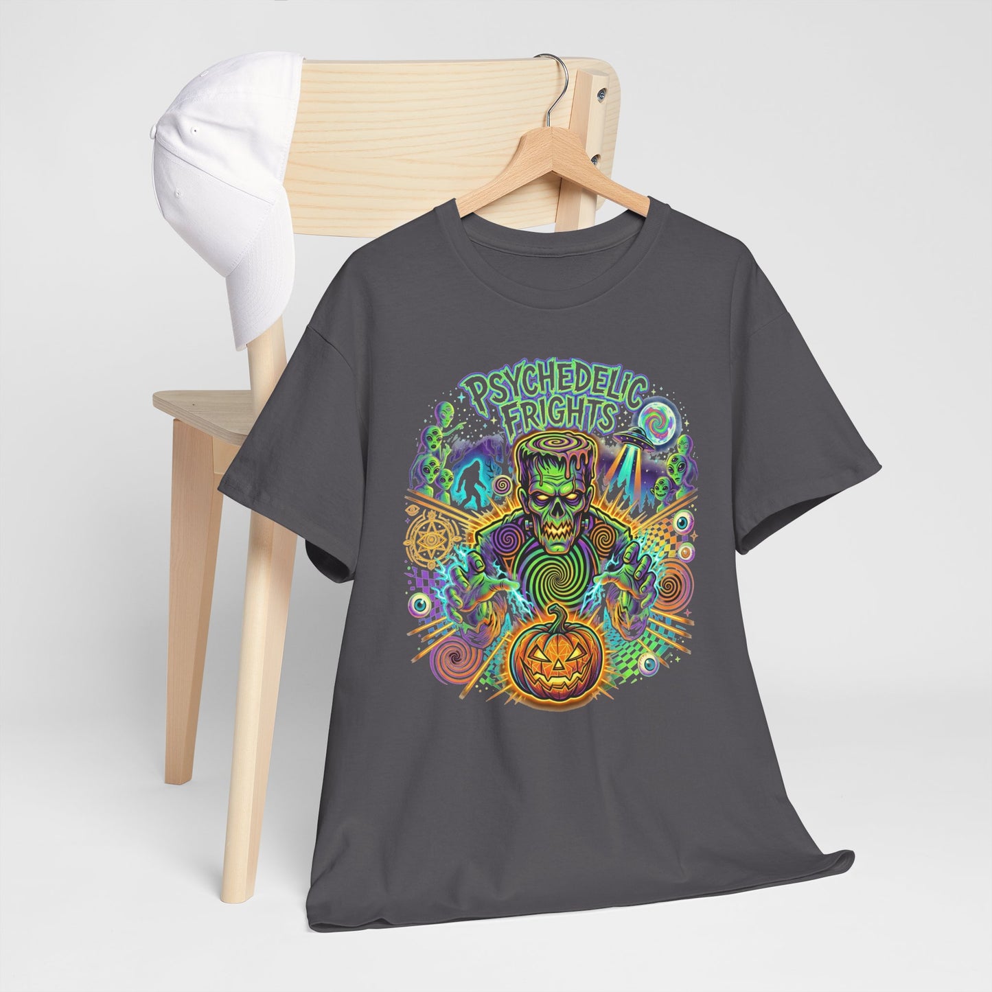 Psychedelic Monsters Halloween Tee — Spooky Pumpkin and Sasquatch Horror Graphic T-Shirt