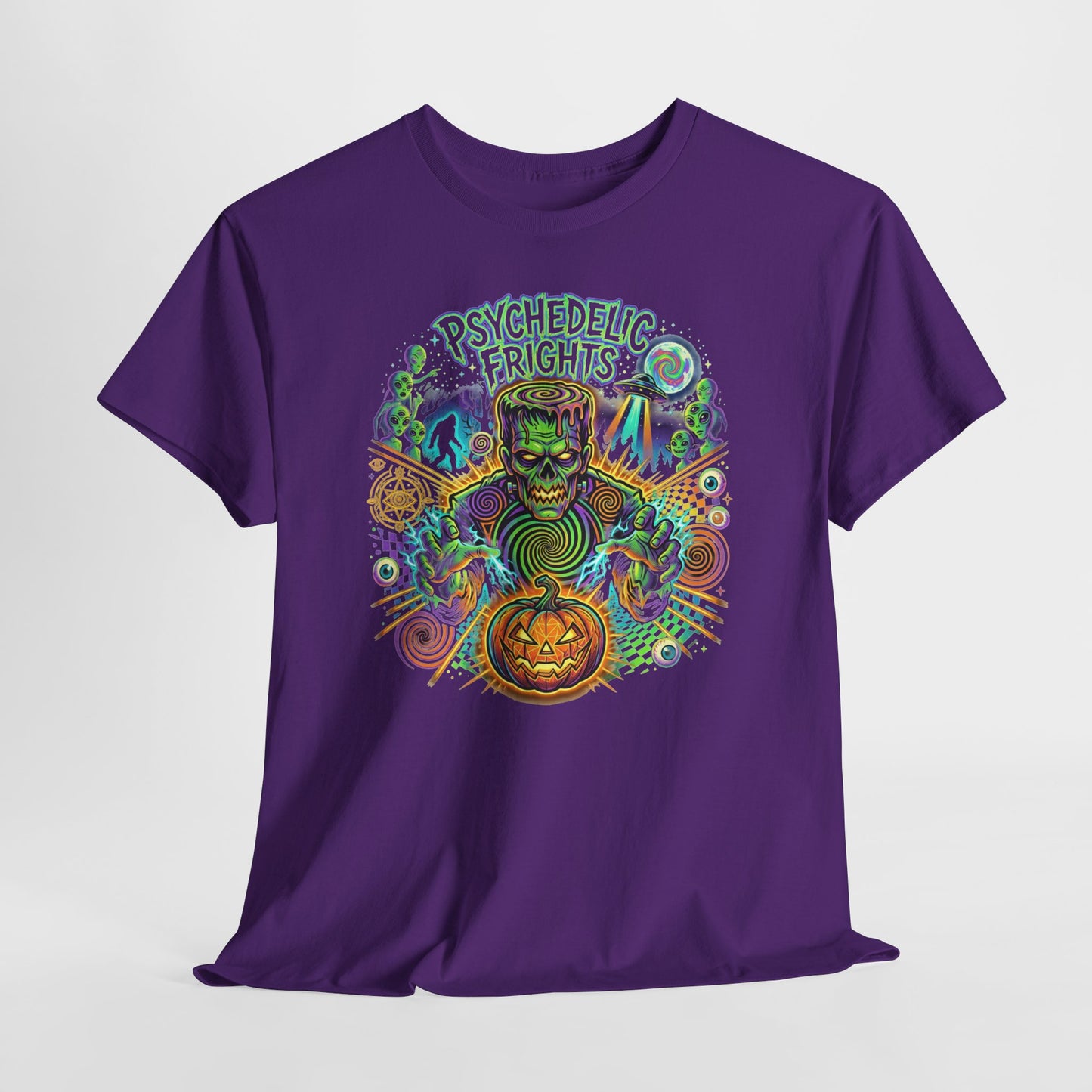 Psychedelic Monsters Halloween Tee — Spooky Pumpkin and Sasquatch Horror Graphic T-Shirt