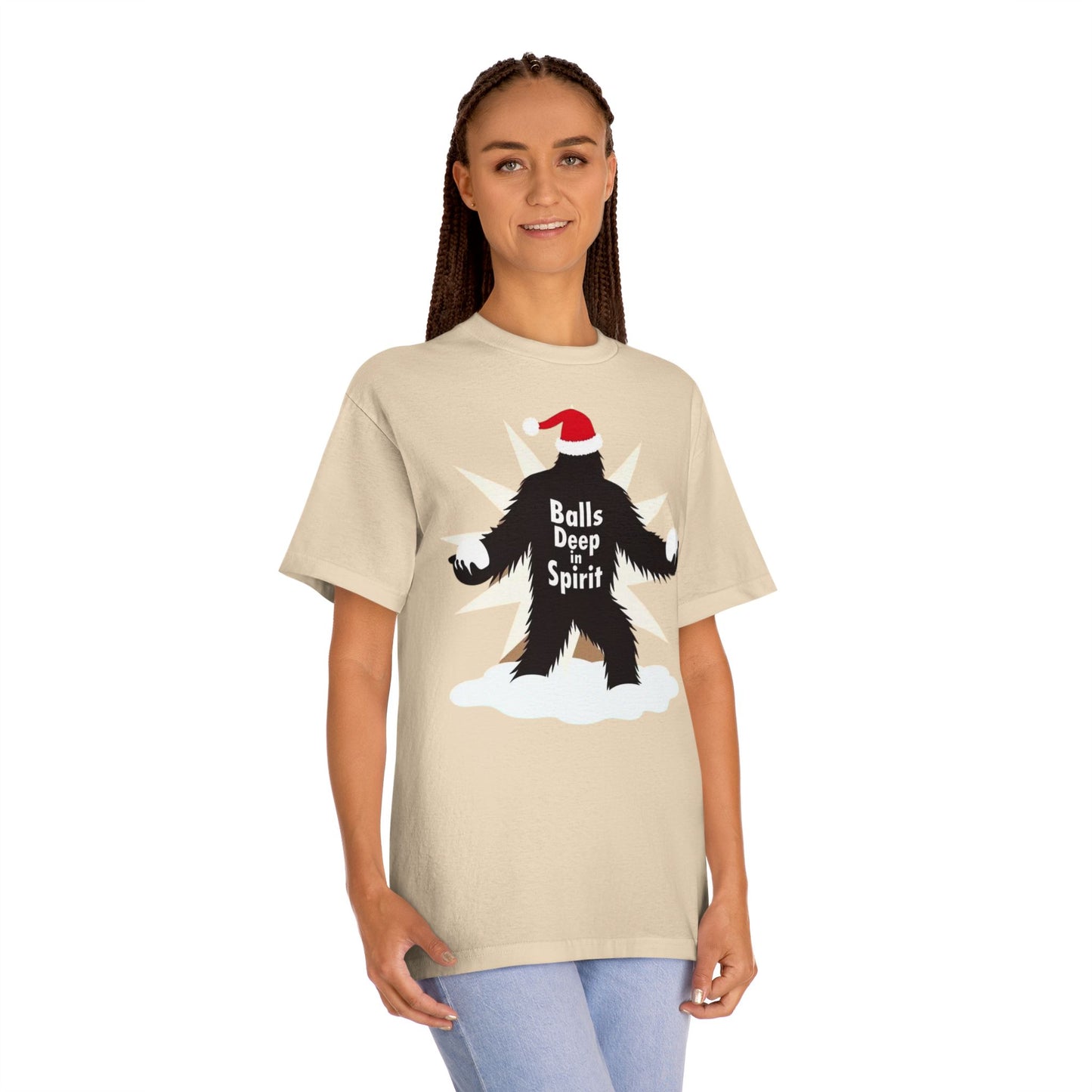 Bigfoot Holiday Tee — "Balls Deep Spirit" Funny Christmas Sasquatch T-Shirt