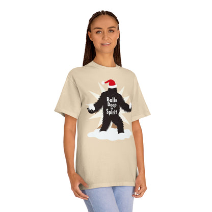 Bigfoot Holiday Tee — "Balls Deep Spirit" Funny Christmas Sasquatch T-Shirt