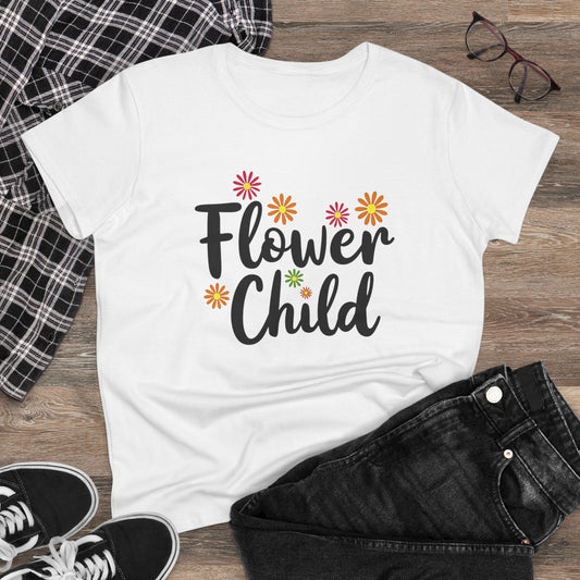 Flower Child Women's Midweight Cotton Tee - Boho Vintage Style Shirt for Everyday Wear - Psychonaut Swag