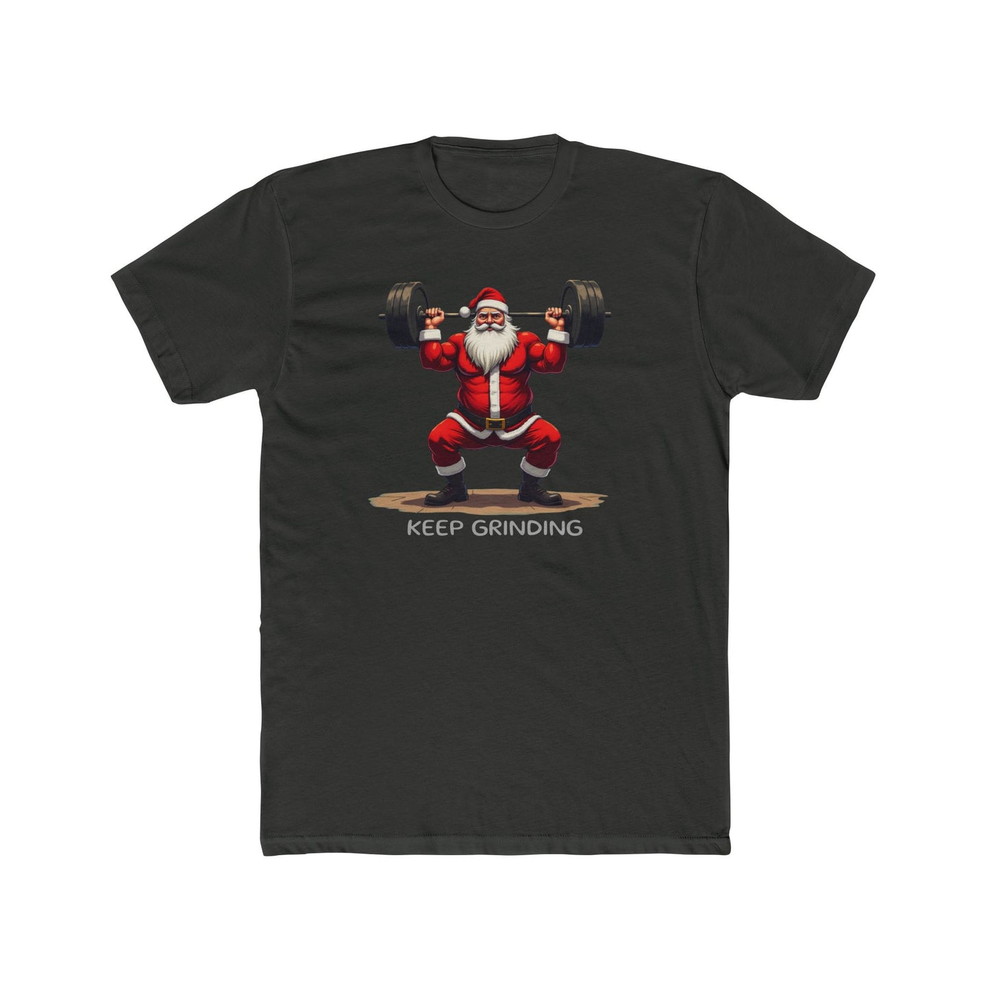 Santa Weightlifter, KEEP GRINDING T‑Shirt — Funny Christmas Gym Tee
