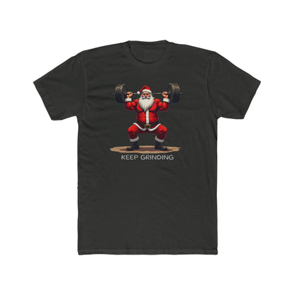Santa Weightlifter, KEEP GRINDING T‑Shirt — Funny Christmas Gym Tee