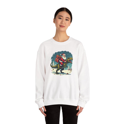 Santa Dashing through on a Dinosaur Sweatshirt — Santa Riding T-Rex Holiday Crewneck