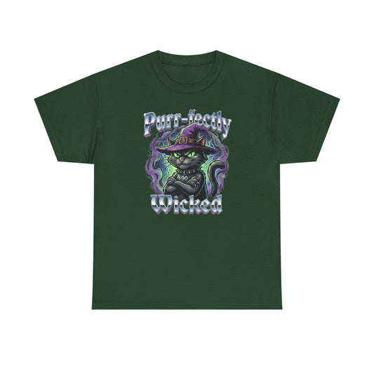 Purr-fectly Wicked T-Shirt — Witch Cat Graphic Tee (Halloween Gift)