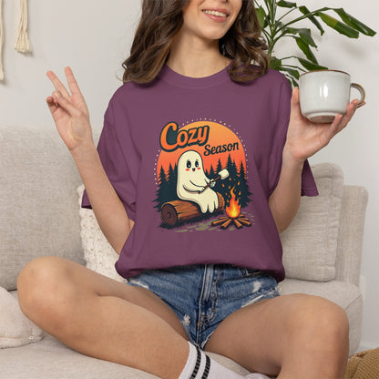 Cozy Season Ghost Tee — Campfire Autumn Graphic T-Shirt