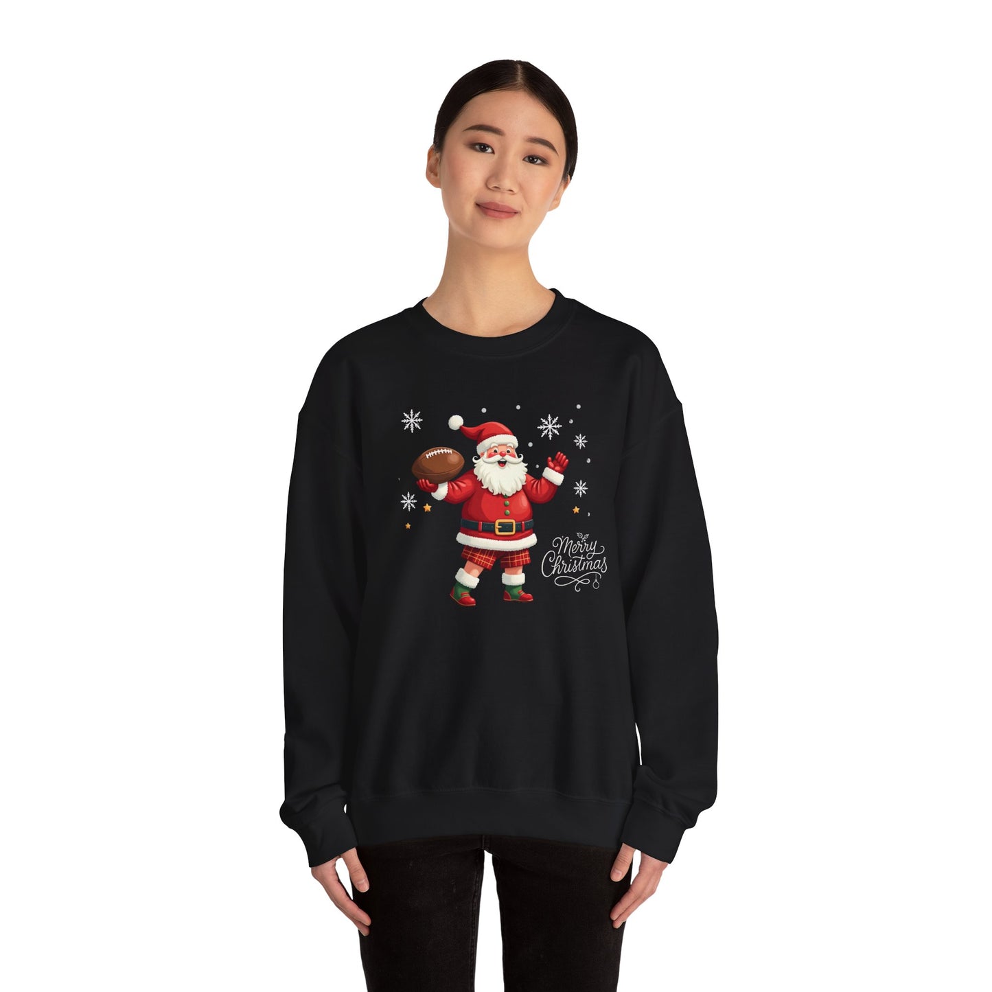 Santa Throwing Football, Christmas Sweatshirt - Jolly Santa with 'Merry Christmas' Graphic