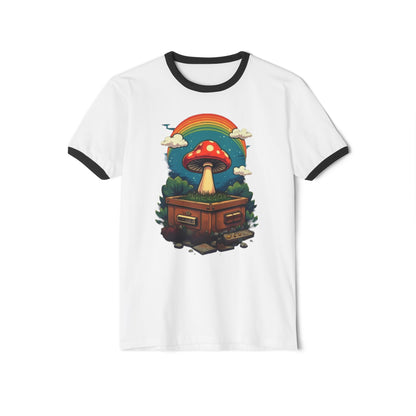 Rainbow Mushroom Unisex Cotton Ringer T-Shirt | Psychedelic Tee, Retro Fashion, Gift for Nature Lovers, Summer Wear, Festival Shirt - Psychonaut Swag