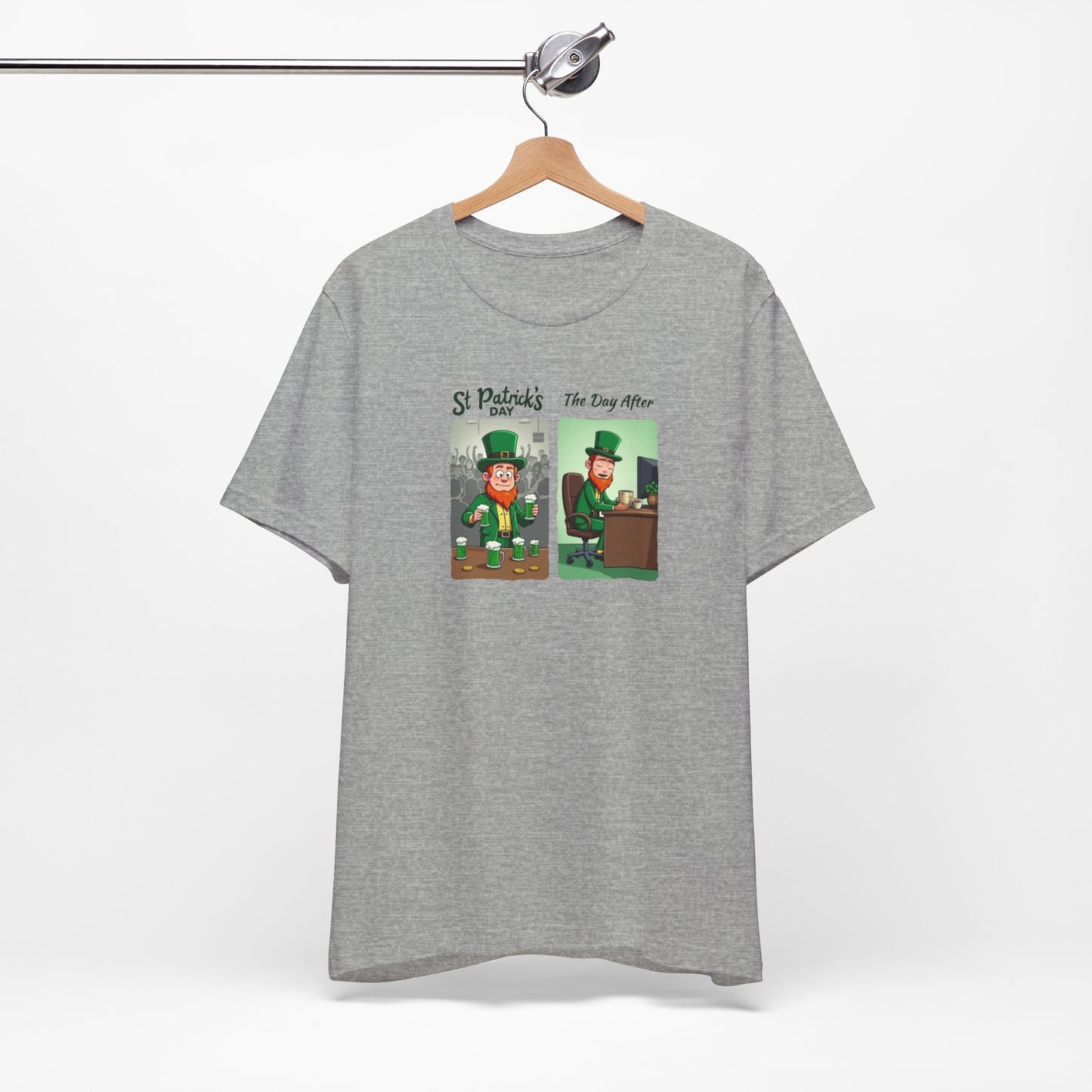 St. Patrick's Day Leprechaun Funny Cartoon T-Shirt — "St. Patrick's Day / The Day After" Tee