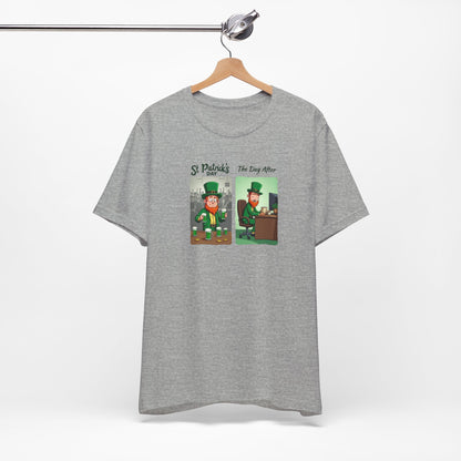 St. Patrick's Day Leprechaun Funny Cartoon T-Shirt — "St. Patrick's Day / The Day After" Tee