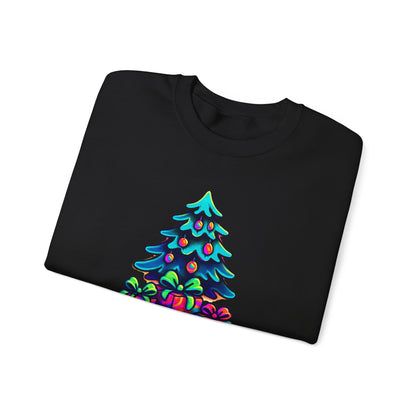 Psychedelic Christmas Tree Sweatshirt — Colorful Holiday Tree with Gifts Crewneck