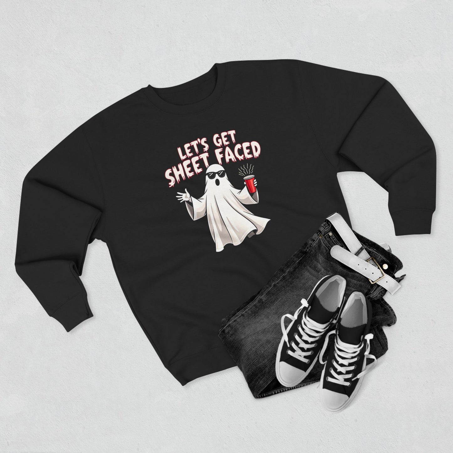 Halloween Ghost Sweatshirt — "Let's Get Sheet Faced" Funny Party Crewneck
