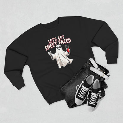 Halloween Ghost Sweatshirt — "Let's Get Sheet Faced" Funny Party Crewneck