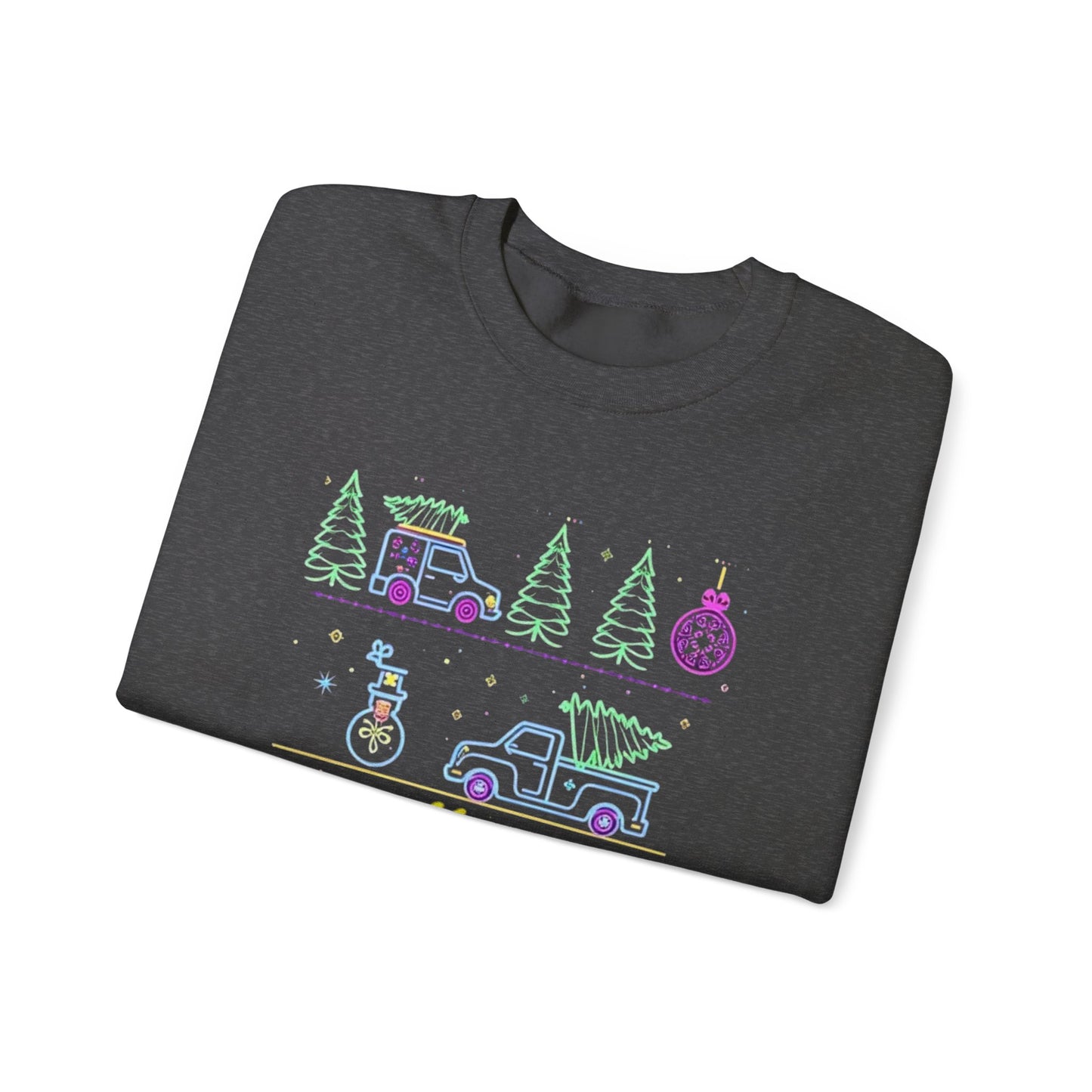 Christmas Crewneck Sweatshirt — Neon Holiday Tree "Merry Christmas" Design