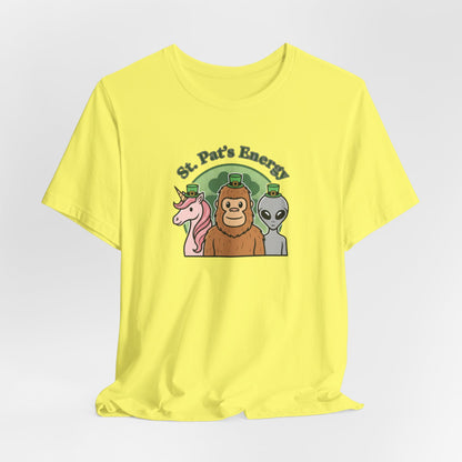 St. Pat’s Energy T‑Shirt — Unicorn, Bigfoot & Alien St. Patrick’s Day Tee